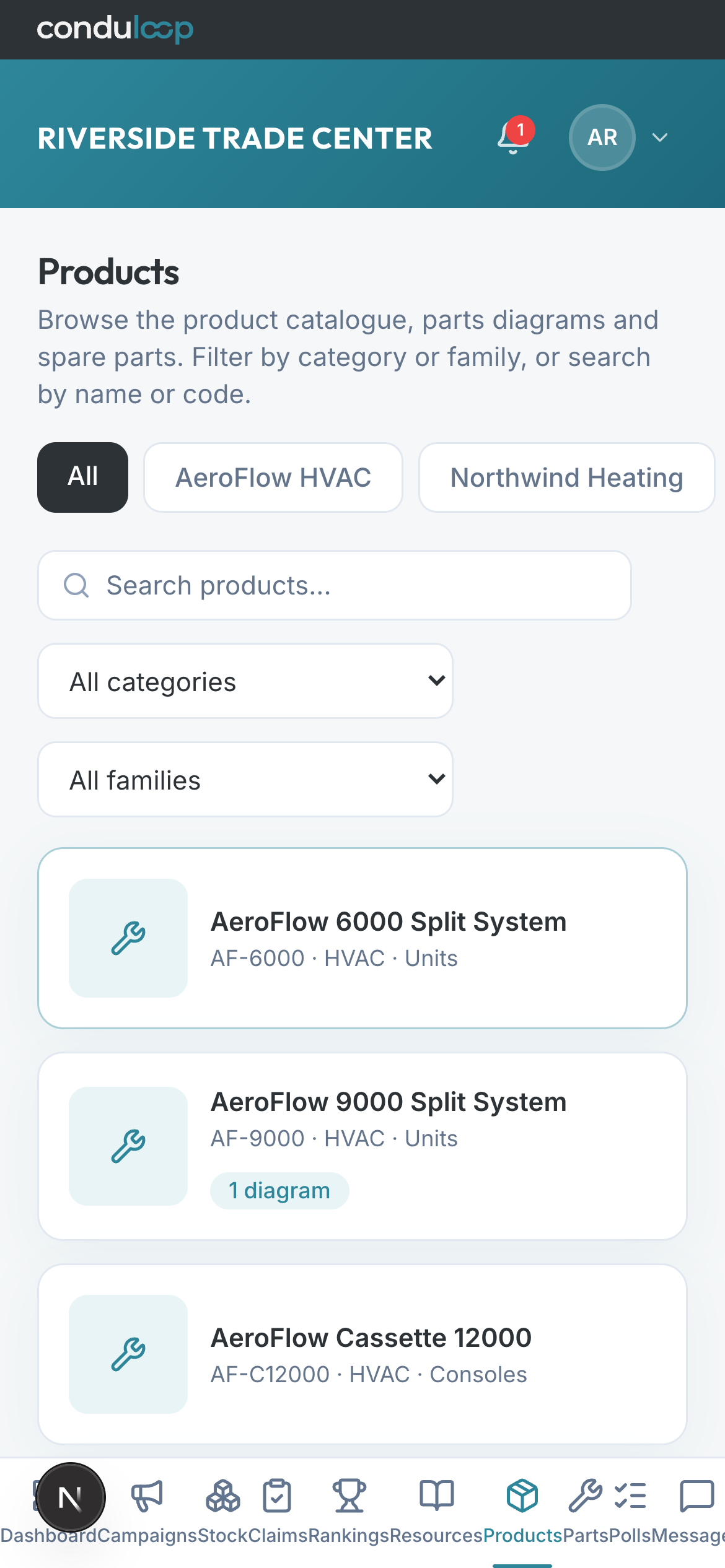 ConduLoop product and parts catalog on the mobile dealer portal.